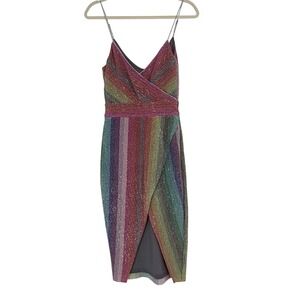 Saylor Rainbow Sequin Wrap Midi Dress Strappy Party Small